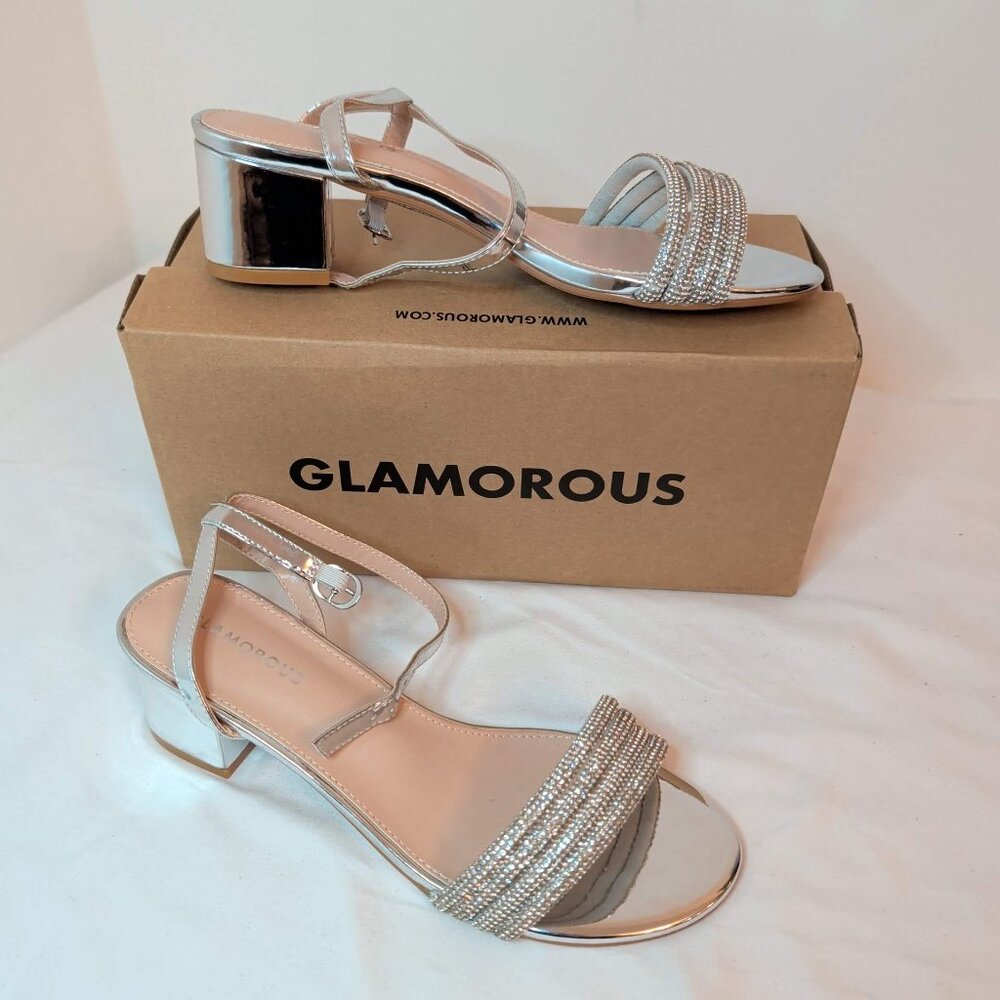 ASOS Glamorous Silver Rhinestone Block Heel Sandals - Picture 2 of 9